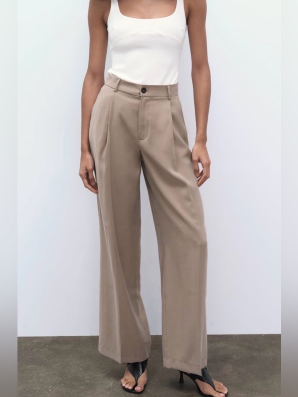 Zara Tan Wide-Leg High-Rise Trousers